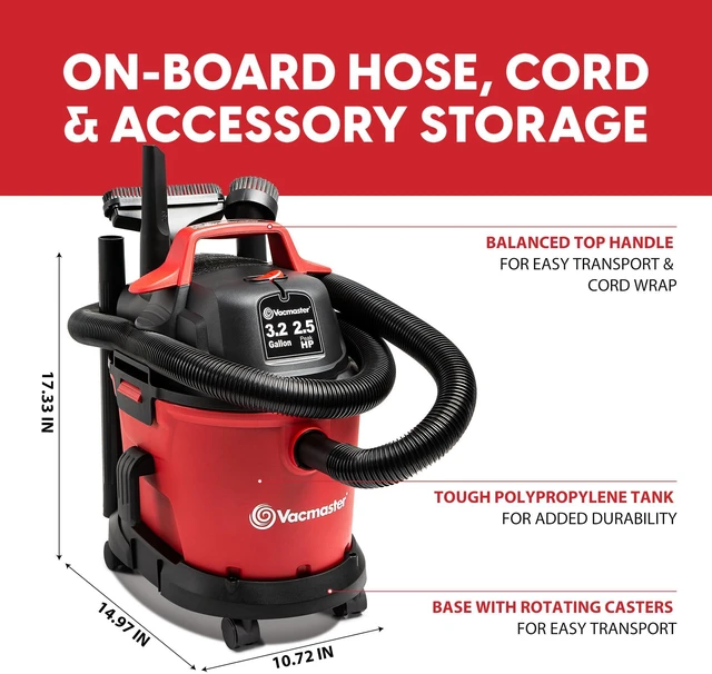 Alt view image 7 of 7 - VHB305M 1101 3.2-Gal 2.5 Peak HP Compact Wet/Dry Vacuum Red