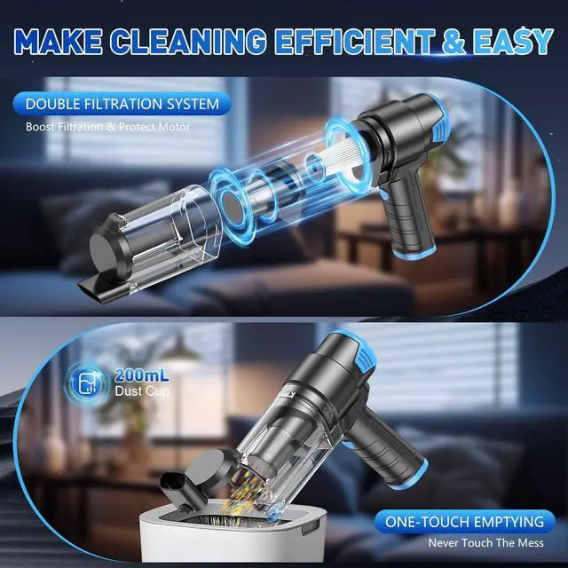 Alt view image 5 of 7 - Handheld Car Vacuum Cleaner, 16000PA Air Duster & Vacuum Cleaner, 120W High Power Hand Held Vacuum Cordless, Portable Vacuum Rechargeable with Multi-Nozzles & LED Light for Car, Home, Pet, Office