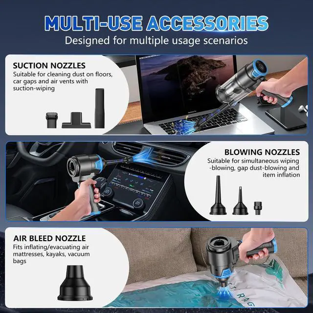 Alt view image 6 of 7 - Handheld Car Vacuum Cleaner, 16000PA Air Duster & Vacuum Cleaner, 120W High Power Hand Held Vacuum Cordless, Portable Vacuum Rechargeable with Multi-Nozzles & LED Light for Car, Home, Pet, Office