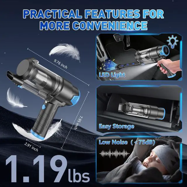 Alt view image 7 of 7 - Handheld Car Vacuum Cleaner, 16000PA Air Duster & Vacuum Cleaner, 120W High Power Hand Held Vacuum Cordless, Portable Vacuum Rechargeable with Multi-Nozzles & LED Light for Car, Home, Pet, Office