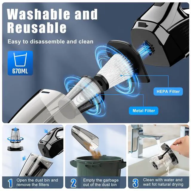 Alt view image 7 of 7 - Handheld Vacuum Cordless Rechargeable Portable Car Vacuum, 7500Pa Powerful Suction Mini Hand Held Vacuum, 670ML Cup Lightweight Small Vacuum Cleaner for Car/Office/Home, Pet Hair
