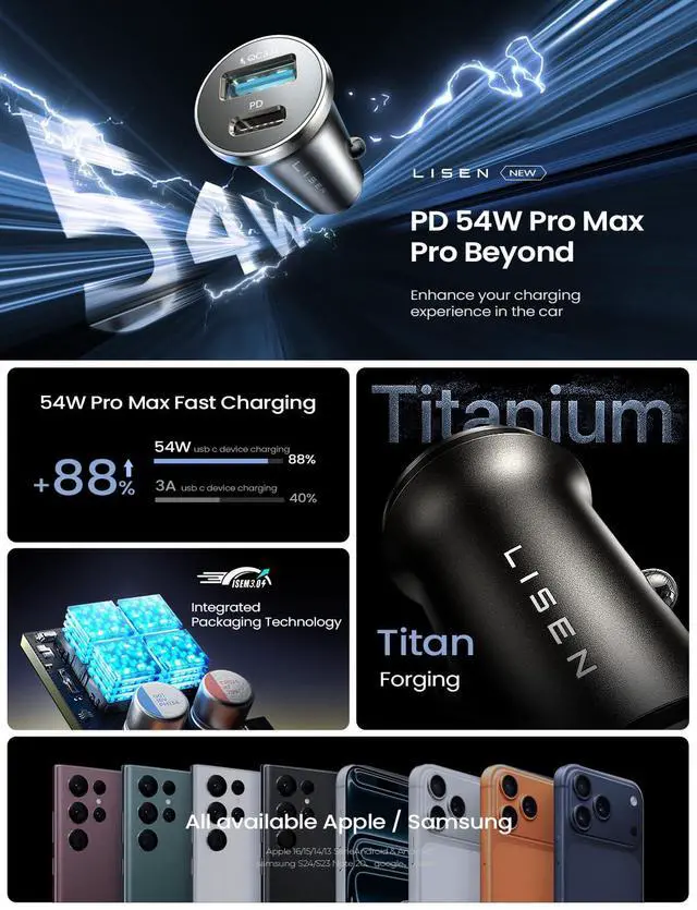 Alt view image 2 of 7 - 54W Mini Cigarette Lighter Adapter Car Charger USB C Fast Charging, 12V Cigarette Lighter USB Car Charger Fast Charging Adapter, for iPhone 17 Pro Max 16 15 14 13 12 Plus Mini, Samsung S26 S25