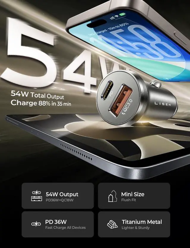 Alt view image 3 of 7 - 54W Mini Cigarette Lighter Adapter Car Charger USB C Fast Charging, 12V Cigarette Lighter USB Car Charger Fast Charging Adapter, for iPhone 17 Pro Max 16 15 14 13 12 Plus Mini, Samsung S26 S25