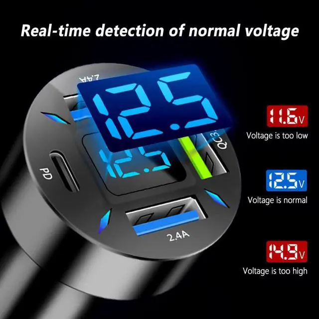 Alt view image 7 of 7 - Car Charger 66W Super Fast Charging with USB PD&QC 3.0(Voltmeter&LED Lights) Universal Quick Charge for 12-24V Car Cigarette Lighter Plug,Compatible with iPhone 14 13 12,S22 S21 S20,iPad(Black)