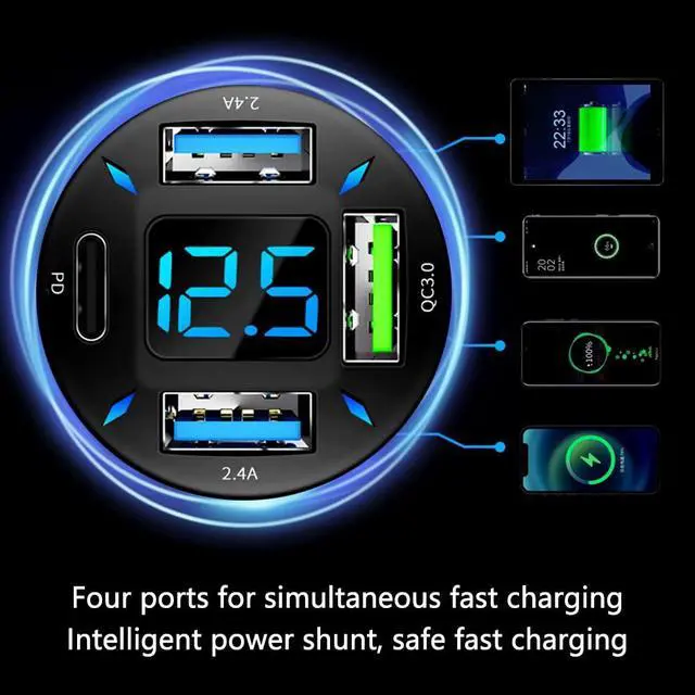 Alt view image 4 of 7 - Car Charger 66W Super Fast Charging with USB PD&QC 3.0(Voltmeter&LED Lights) Universal Quick Charge for 12-24V Car Cigarette Lighter Plug,Compatible with iPhone 14 13 12,S22 S21 S20,iPad(Black)