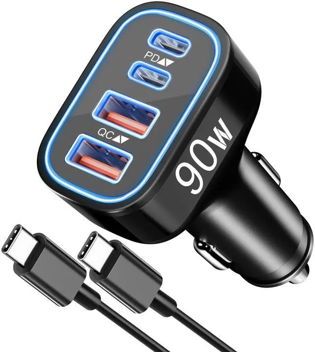 Main image of 90W 4-Port USB C Super Fast Car Charger for Samsung Galaxy S26/S25/S24/S23/S22 Ultra, iPhone 17/16/15 Pro Max, Android, Type C Fast Charging Car Phone Charger Adapter Accessories + 3FT USB-C Cable