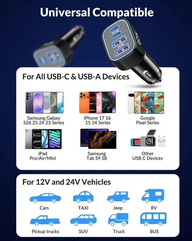 Alt view image 4 of 7 - 90W 4-Port USB C Super Fast Car Charger for Samsung Galaxy S26/S25/S24/S23/S22 Ultra, iPhone 17/16/15 Pro Max, Android, Type C Fast Charging Car Phone Charger Adapter Accessories + 3FT USB-C Cable