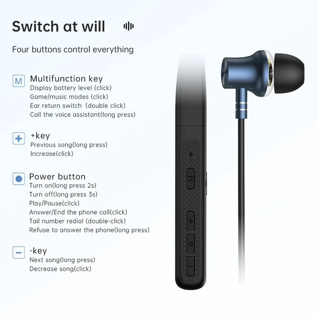 Alt view image 3 of 7 - Neckband Bluetooth Headphones with Voice Return Microphone,6.0 Bluetooth 35 Hours Playtime, IPX5 Waterproof Wireless Noise Cancelling Earbuds for Sports (A18)