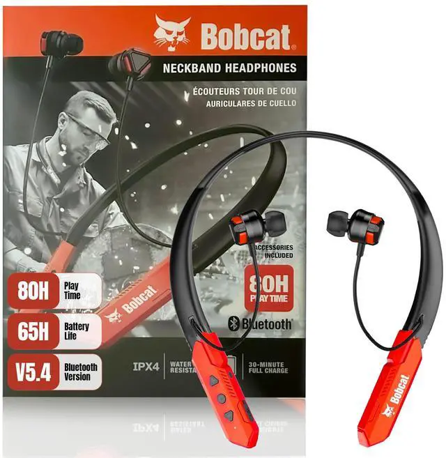 Main image of Bobcat Neckband Bluetooth Headphones - Earphones with Microphone, 80H Battery, Fast Charging - IPX4 Sweatproof Sports Headphones for Running, Jobsite, Gym, and Workout