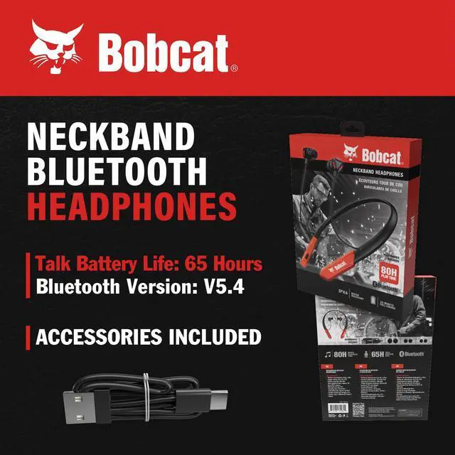 Alt view image 3 of 7 - Bobcat Neckband Bluetooth Headphones - Earphones with Microphone, 80H Battery, Fast Charging - IPX4 Sweatproof Sports Headphones for Running, Jobsite, Gym, and Workout