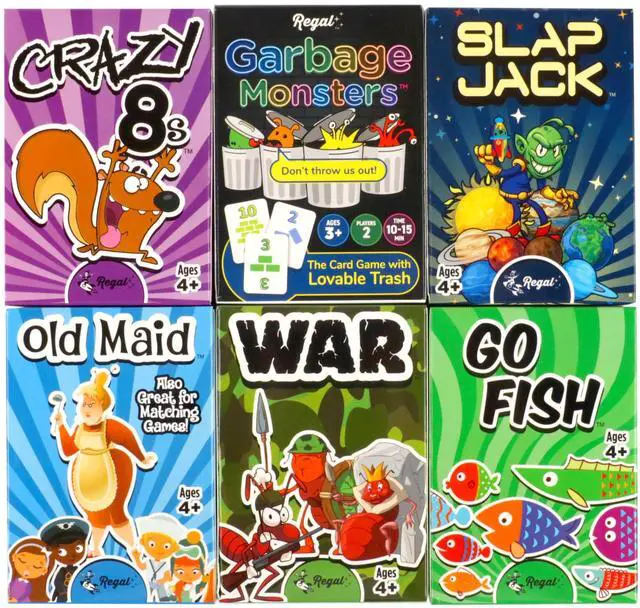 Main image of Card Games for Kids - Go Fish, Crazy 8's, Old Maid, Slap Jack, Garbage Monster, War - Simple & Fun Classic Family Table Games - Games May Vary (6 Set)