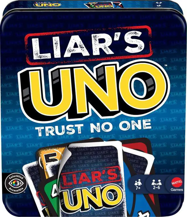 Main image of Liars UNO Card Game in Travel & Storage Tin for Adults, Kids, Families, Parties & Game Nights, Outwit Other Players with Bluffing & Trickery (Amazon Exclusive)