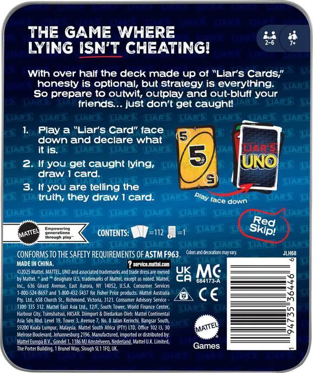 Alt view image 6 of 6 - Liars UNO Card Game in Travel & Storage Tin for Adults, Kids, Families, Parties & Game Nights, Outwit Other Players with Bluffing & Trickery (Amazon Exclusive)