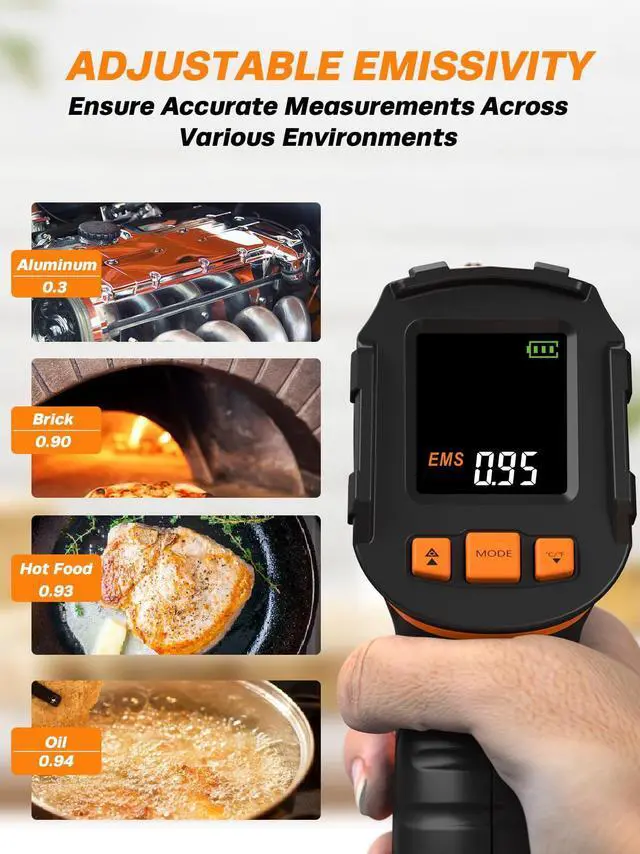 Alt view image 3 of 7 - Infrared Thermometer Gun -58°F to 1112°F, Laser Temperature Gun with Adjustable Emissivity, Max/Min/Hold for Cooking, BBQ, Freezer, Industrial Use,with Long Probe Meat Thermometer