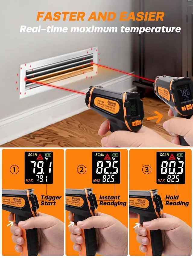 Alt view image 4 of 7 - Infrared Thermometer Gun -58°F to 1112°F, Laser Temperature Gun with Adjustable Emissivity, Max/Min/Hold for Cooking, BBQ, Freezer, Industrial Use,with Long Probe Meat Thermometer