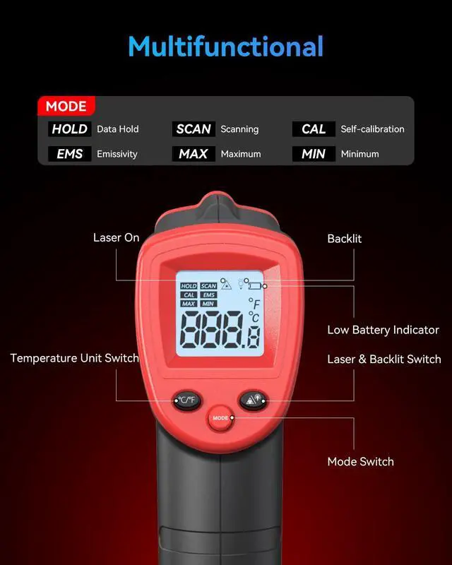 Alt view image 6 of 7 - Infrared Thermometer Temperature Gun -58 to 1094, Digital IR Heat Surface Temp Gun, Non-Contact Laser Thermal Gun for Cooking Food, BBQ, Pizza Oven, Grill, Griddle Accessories