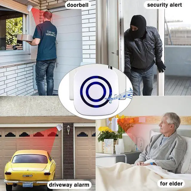 Alt view image 6 of 7 - Motion Sensor Alarm, Long Range Wireless Driveway Alarm, Indoor Home Security System Electric Doorbells, 4 Motion Detector and 2 Alarm, 38 Chime Tunes, LED Indicator