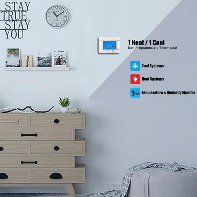 Alt view image 2 of 7 - Upgraded Digital Non-Programmable Thermostat for Home 1 Heat/1 Cool Single Stage System, with Temperature & Humidity Monitor and Large Blue LCD Display