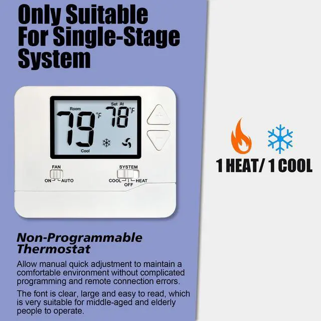 Alt view image 2 of 7 - Non-Programmable Thermostats for Home Conventional Single-Stage Systems, up to 1 Heat/ 1 Cool (with White Backlight)
