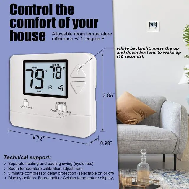 Alt view image 3 of 7 - Non-Programmable Thermostats for Home Conventional Single-Stage Systems, up to 1 Heat/ 1 Cool (with White Backlight)