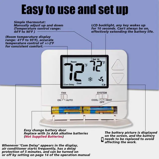 Alt view image 6 of 7 - Non-Programmable Thermostats for Home Conventional Single-Stage Systems, up to 1 Heat/ 1 Cool (with White Backlight)