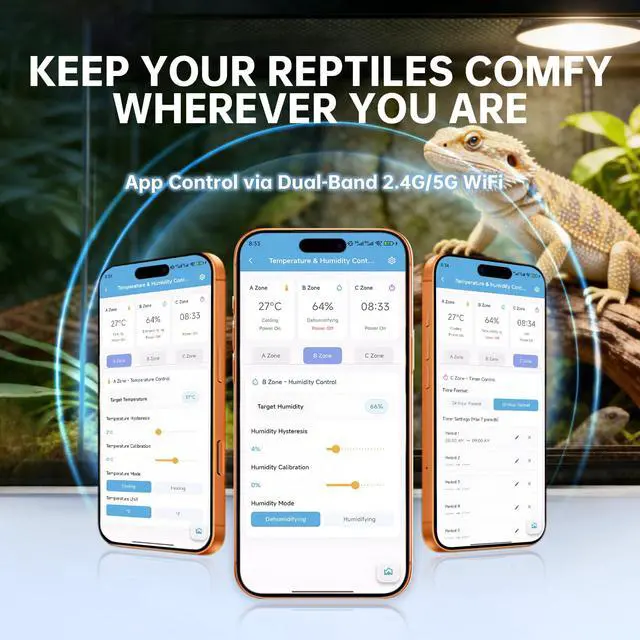 Alt view image 3 of 7 - Smart WiFi Temperature and Humidity Controller with Timer Outlet, 3-in-1 Reptile Thermostat Hygrostat, App Control via Dual-Band 2.4G/5G WiFi for Greenhouse, Incubator, Mushroom, and Homebrew