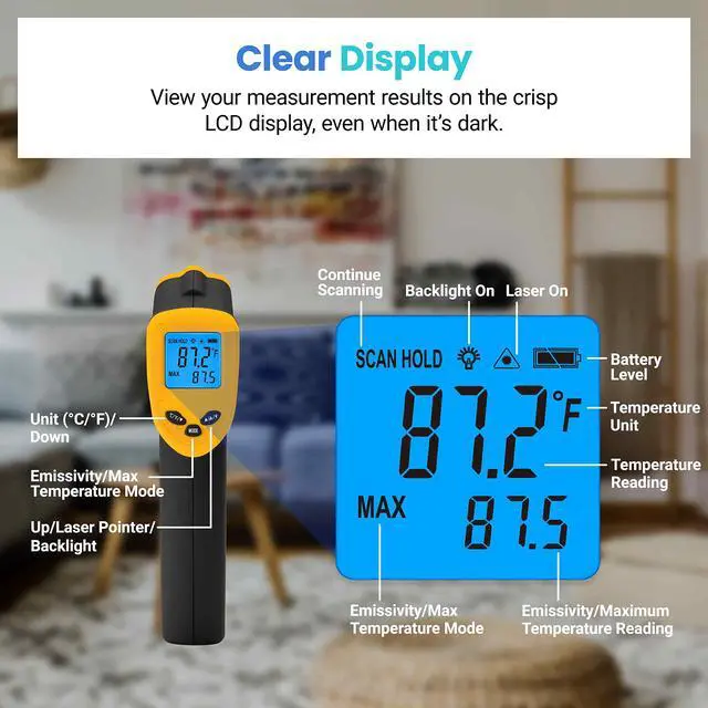 Alt view image 6 of 7 - Infrared Thermometer Laser Temperature Gun 774, Meat Food Candy Oven Thermometer for Griddle Accessories, Heat Gun for Cooking Refrigerator Tools, Adjustable Emissivity & Max Measure, Yellow