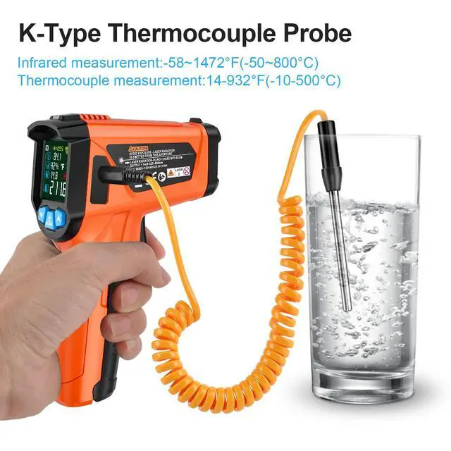 Alt view image 2 of 7 - Infrared Thermometer Gun -58°F to 1472°F, Digital Temperature Gun/K-Type Probe -14°F~932°F, Humidity Sensor, IR Laser Temp Gun with Color LCD for Cooking Pizza Oven BBQ HVAC Home-Industrial (Orange)