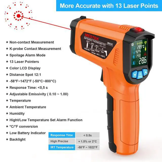 Alt view image 3 of 7 - Infrared Thermometer Gun -58°F to 1472°F, Digital Temperature Gun/K-Type Probe -14°F~932°F, Humidity Sensor, IR Laser Temp Gun with Color LCD for Cooking Pizza Oven BBQ HVAC Home-Industrial (Orange)