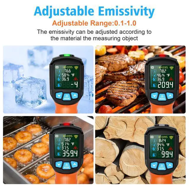 Alt view image 6 of 7 - Infrared Thermometer Gun -58°F to 1472°F, Digital Temperature Gun/K-Type Probe -14°F~932°F, Humidity Sensor, IR Laser Temp Gun with Color LCD for Cooking Pizza Oven BBQ HVAC Home-Industrial (Orange)