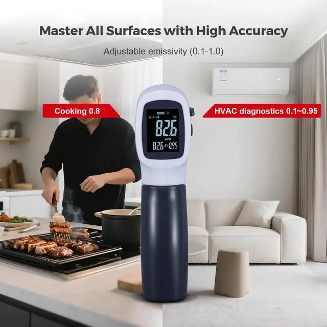 Alt view image 2 of 7 - Temperature Gun for Meat,Automotive Infrared Thermometer Gun with Ring Laser DS12:1,Digital Thermal Gun with Adjustable Emissivity&High/Low Alarm,-58~1400IR Temp Gun for Engine,Brakes&HVAC