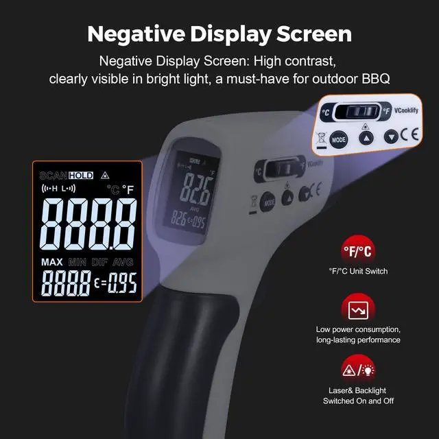 Alt view image 5 of 7 - Temperature Gun for Meat,Automotive Infrared Thermometer Gun with Ring Laser DS12:1,Digital Thermal Gun with Adjustable Emissivity&High/Low Alarm,-58~1400IR Temp Gun for Engine,Brakes&HVAC