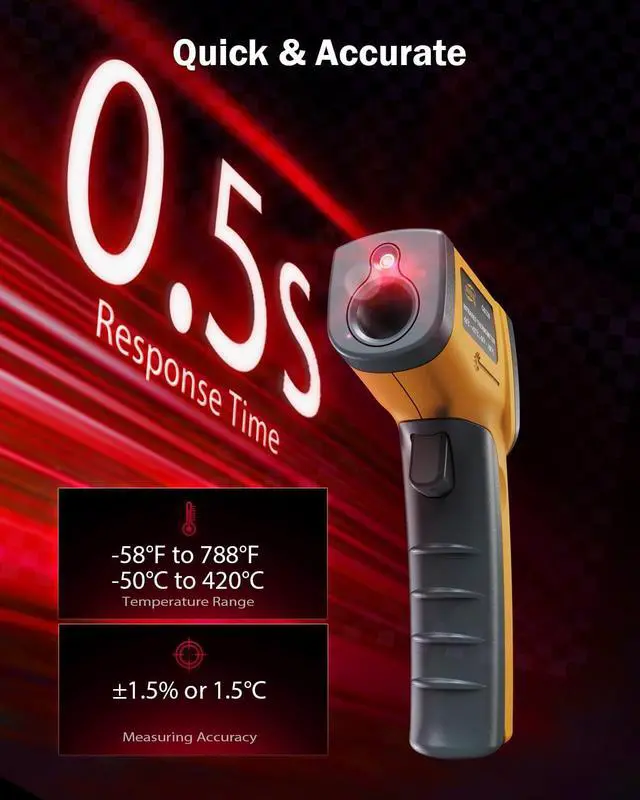 Alt view image 2 of 6 - Infrared Thermometer Laser Temperature Gun, Digital Surface Heat Temp Gun Non-Contact for Cooking Food, Pizza Oven, Griddle Meat, Refrigerator, HVAC, Grill, Engine -58~788
