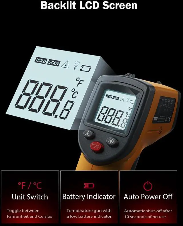 Alt view image 5 of 6 - Infrared Thermometer Laser Temperature Gun, Digital Surface Heat Temp Gun Non-Contact for Cooking Food, Pizza Oven, Griddle Meat, Refrigerator, HVAC, Grill, Engine -58~788