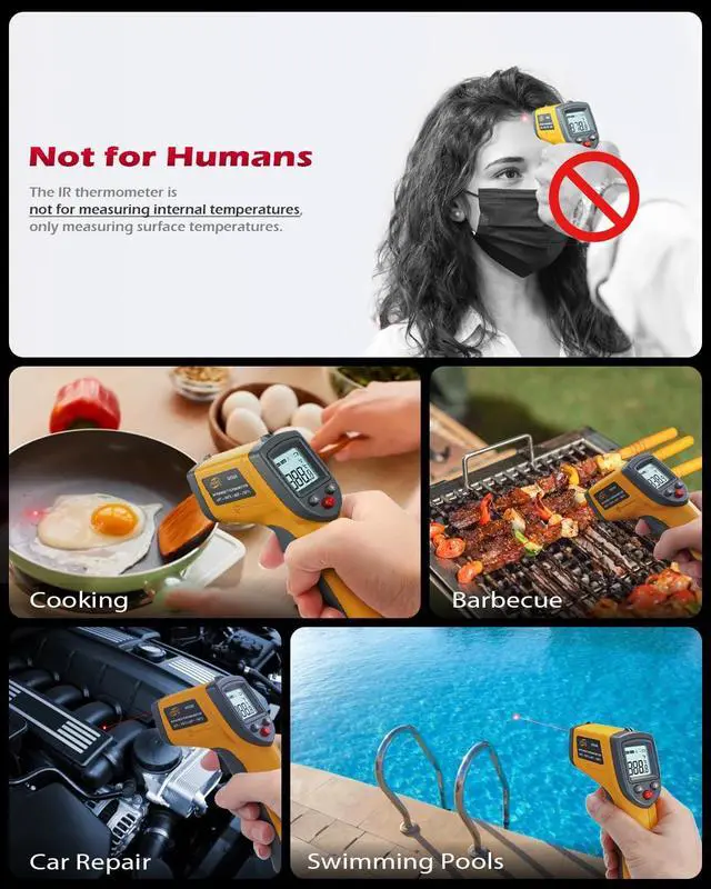 Alt view image 6 of 6 - Infrared Thermometer Laser Temperature Gun, Digital Surface Heat Temp Gun Non-Contact for Cooking Food, Pizza Oven, Griddle Meat, Refrigerator, HVAC, Grill, Engine -58~788