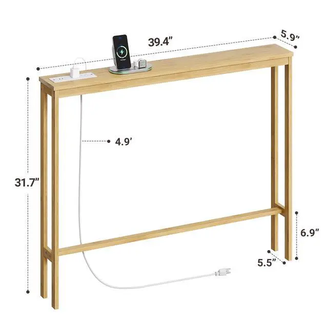 Alt view image 3 of 7 - 5.9" Narrow Console Sofa Table with Power Outlets, 5.9" Dx39.4 Wx31.1 H Bamboo Behind Couch Table with Charge Station, Natural