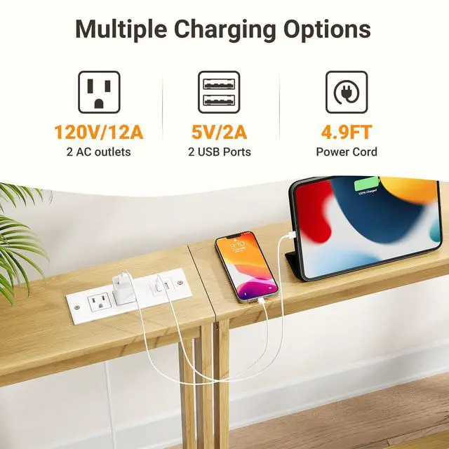 Alt view image 4 of 7 - 5.9" Narrow Console Sofa Table with Power Outlets, 5.9" Dx39.4 Wx31.1 H Bamboo Behind Couch Table with Charge Station, Natural