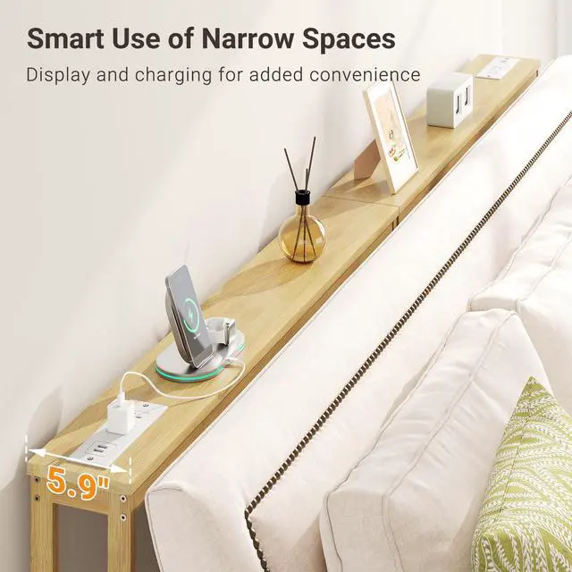 Alt view image 6 of 7 - 5.9" Narrow Console Sofa Table with Power Outlets, 5.9" Dx39.4 Wx31.1 H Bamboo Behind Couch Table with Charge Station, Natural