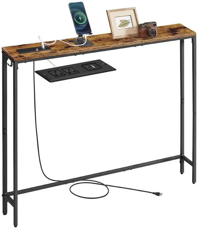 Main image of Console Table with Power Outlet, Slim Behind Couch Sofa Table, 5.9 x 39.4 x 31.5 Inches, 1 Hook, Easy Assembly, for Entryway, Living Room, Rustic Brown and Ink Black ULNT079K01