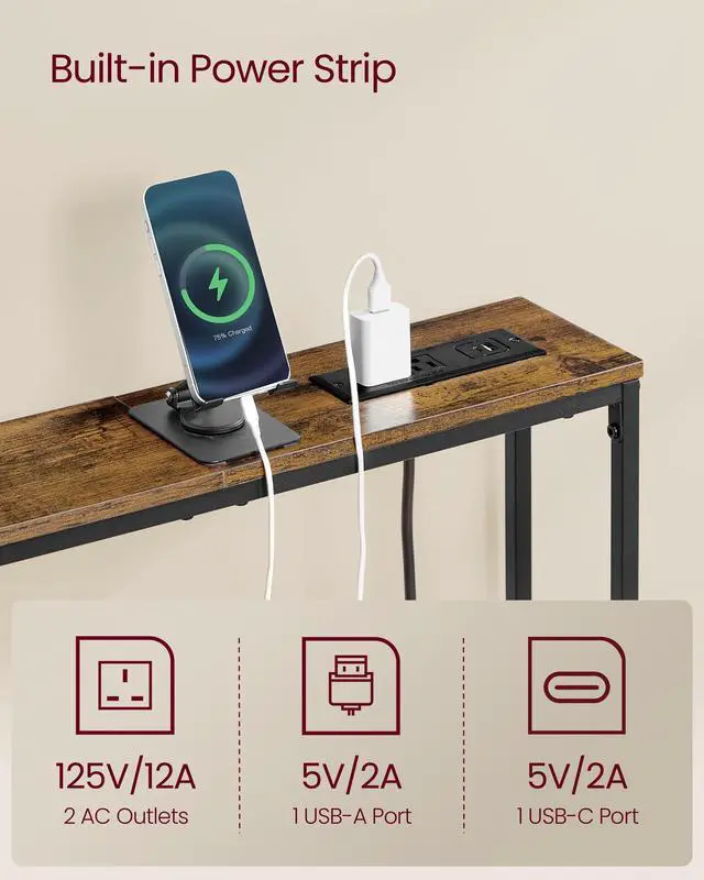 Alt view image 3 of 6 - Console Table with Power Outlet, Slim Behind Couch Sofa Table, 5.9 x 39.4 x 31.5 Inches, 1 Hook, Easy Assembly, for Entryway, Living Room, Rustic Brown and Ink Black ULNT079K01