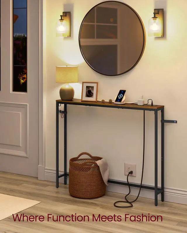 Alt view image 4 of 6 - Console Table with Power Outlet, Slim Behind Couch Sofa Table, 5.9 x 39.4 x 31.5 Inches, 1 Hook, Easy Assembly, for Entryway, Living Room, Rustic Brown and Ink Black ULNT079K01