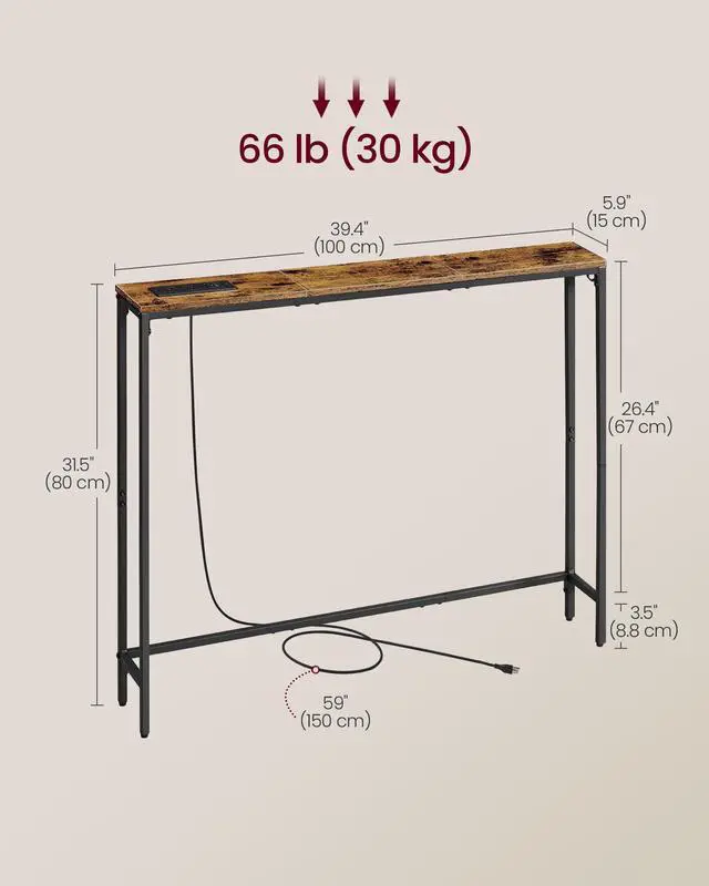 Alt view image 5 of 6 - Console Table with Power Outlet, Slim Behind Couch Sofa Table, 5.9 x 39.4 x 31.5 Inches, 1 Hook, Easy Assembly, for Entryway, Living Room, Rustic Brown and Ink Black ULNT079K01