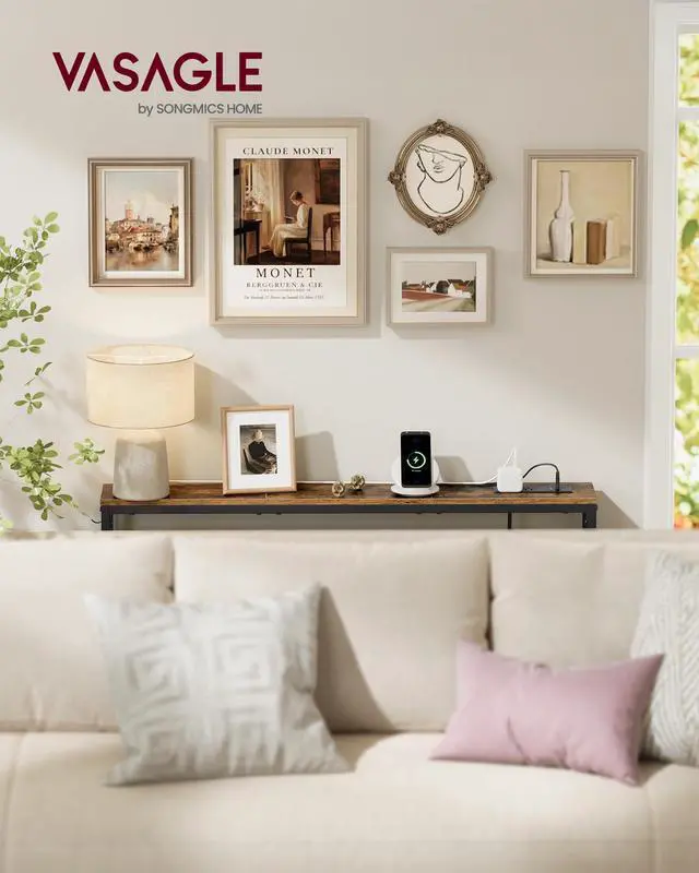 Alt view image 2 of 6 - Console Table with Power Outlet, Slim Behind Couch Sofa Table, 5.9 x 39.4 x 31.5 Inches, 1 Hook, Easy Assembly, for Entryway, Living Room, Rustic Brown and Ink Black ULNT079K01