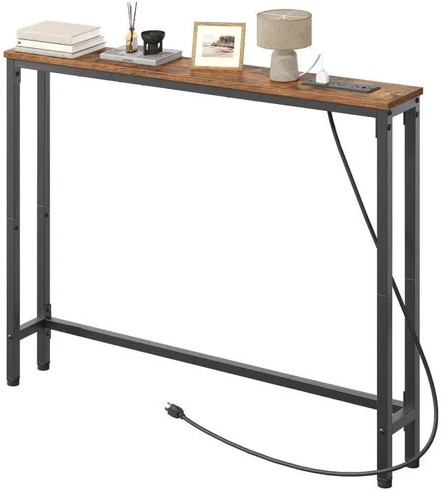 Main image of 39.4 Inch Narrow Console Table with Power Outlets, 5.9 Inch Skinny Behind Couch Table, Sofa Side Table, Small Entryway Table for Living Room, Hallway, Rustic Brown and Black BF52UXG01G1