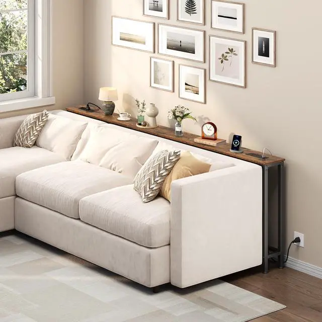 Alt view image 2 of 7 - 39.4 Inch Narrow Console Table with Power Outlets, 5.9 Inch Skinny Behind Couch Table, Sofa Side Table, Small Entryway Table for Living Room, Hallway, Rustic Brown and Black BF52UXG01G1