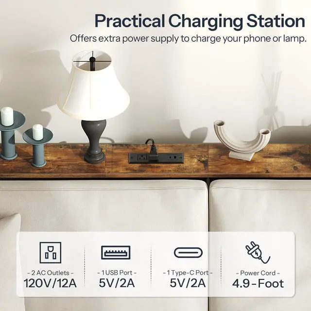 Alt view image 6 of 7 - 39.4 Inch Narrow Console Table with Power Outlets, 5.9 Inch Skinny Behind Couch Table, Sofa Side Table, Small Entryway Table for Living Room, Hallway, Rustic Brown and Black BF52UXG01G1