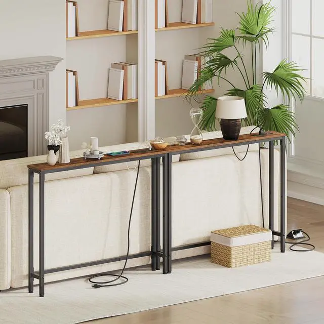 Alt view image 7 of 7 - 39.4 Inch Narrow Console Table with Power Outlets, 5.9 Inch Skinny Behind Couch Table, Sofa Side Table, Small Entryway Table for Living Room, Hallway, Rustic Brown and Black BF52UXG01G1