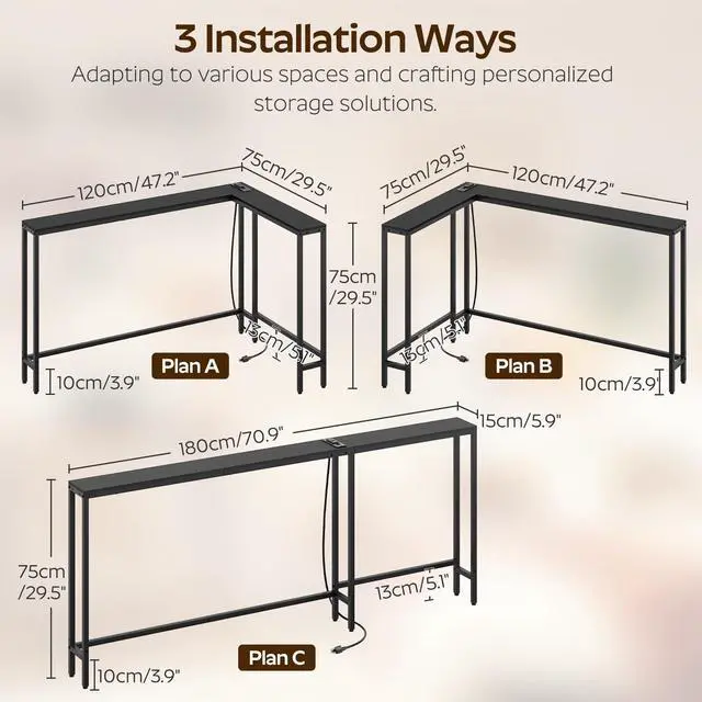 Alt view image 4 of 7 - Narrow Console Table with Outlets, 70.9" Sofa Table Narrow Long, L Shaped Behind Couch Entryway Table with Charging Station, for Living Room, Hallway, 3 Assembly Options, Black CT07UBB