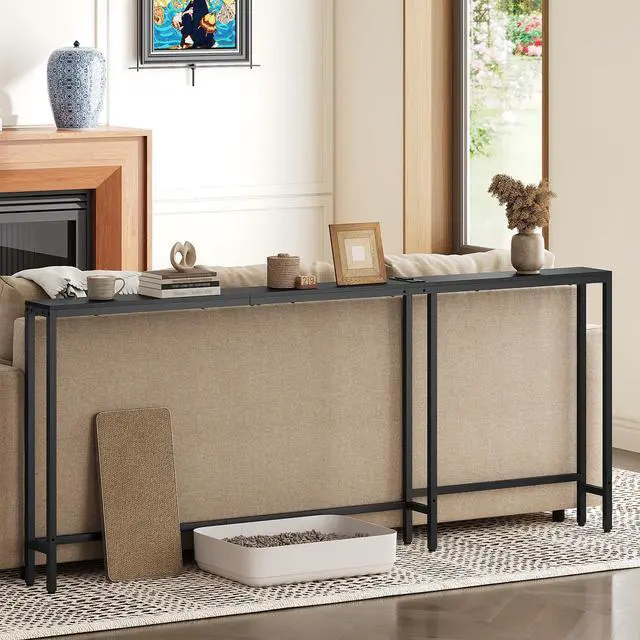 Alt view image 7 of 7 - Narrow Console Table with Outlets, 70.9" Sofa Table Narrow Long, L Shaped Behind Couch Entryway Table with Charging Station, for Living Room, Hallway, 3 Assembly Options, Black CT07UBB