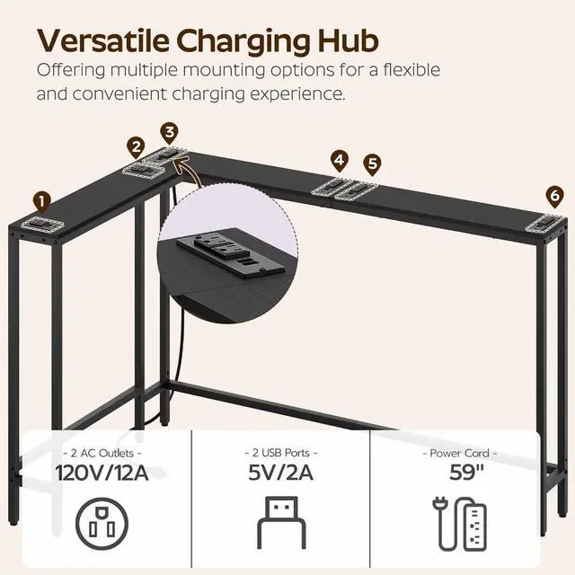 Alt view image 5 of 7 - Narrow Console Table with Outlets, 70.9" Sofa Table Narrow Long, L Shaped Behind Couch Entryway Table with Charging Station, for Living Room, Hallway, 3 Assembly Options, Black CT07UBB